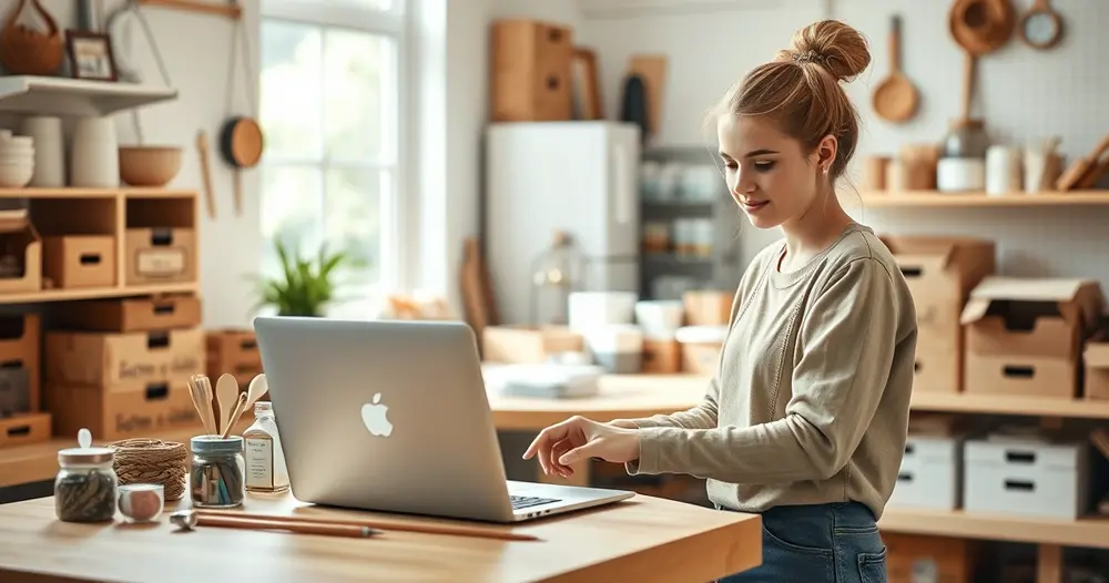 Empreendedor trabalhando em notebook no balcão de um pequeno ateliê