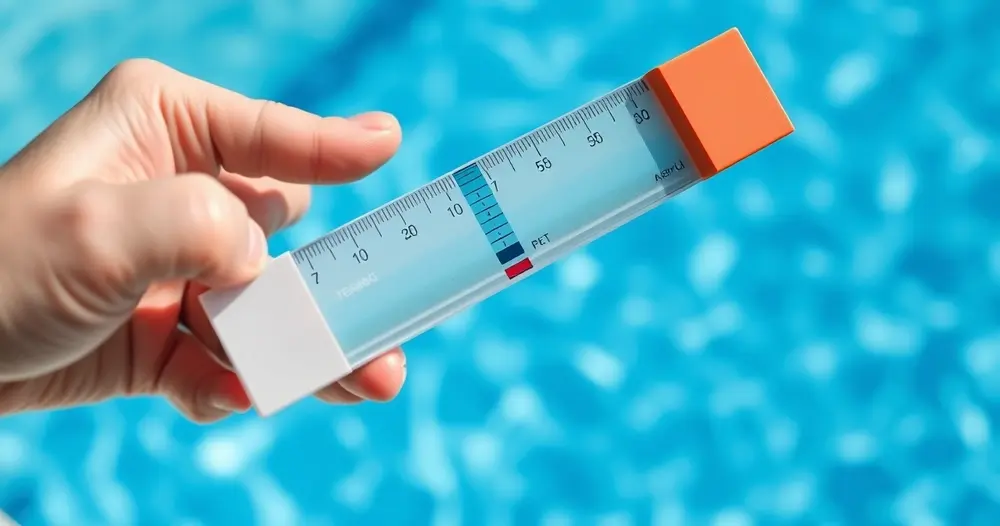 Mão segurando fita de teste de água ao lado da borda de piscina de água azul e limpa