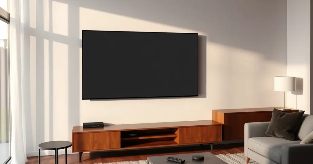 Televisor de tela plana com tela apagada instalado na parede de uma sala de estar moderna