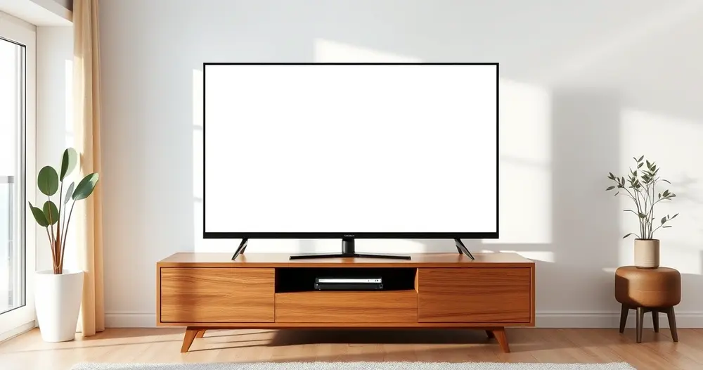 Televisor grande de tela apagada sobre aparador de madeira em sala de estar clara e minimalista