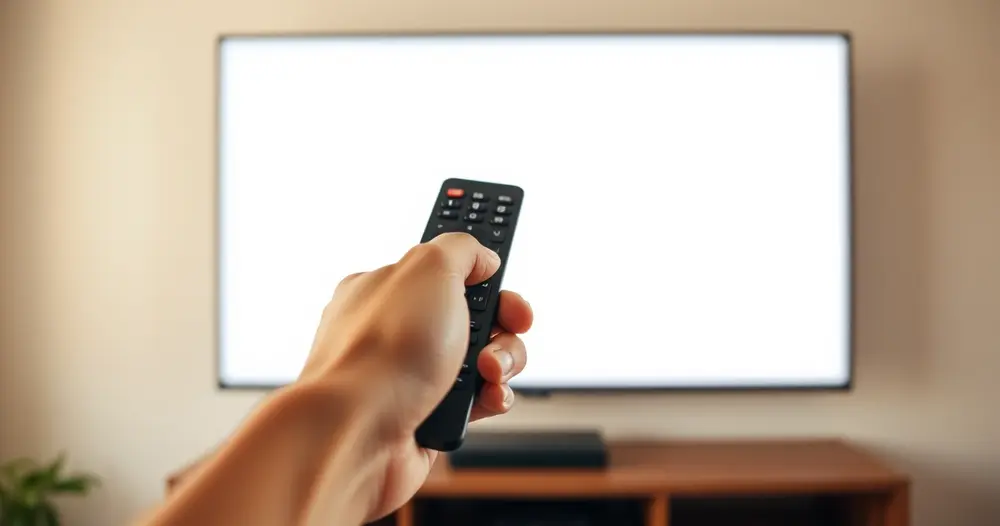 Mão segurando um controle remoto fino de televisão apontado para uma tela desfocada ao fundo