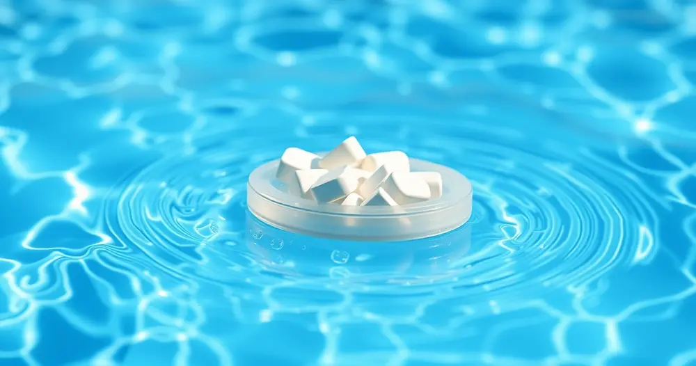 Pastilhas brancas de cloro em flutuador plástico sobre a superfície de água azul de piscina