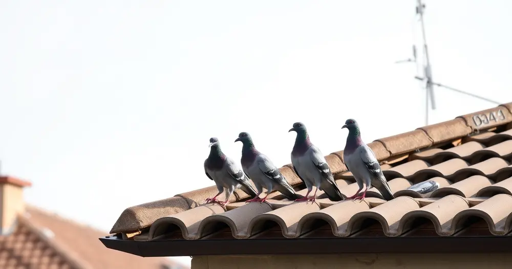 pombos pousados na borda do telhado de uma casa