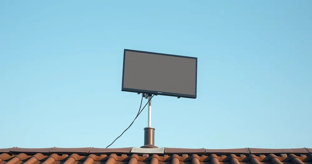 Pequena antena de televisão instalada no telhado de uma casa contra o céu azul, vista de baixo