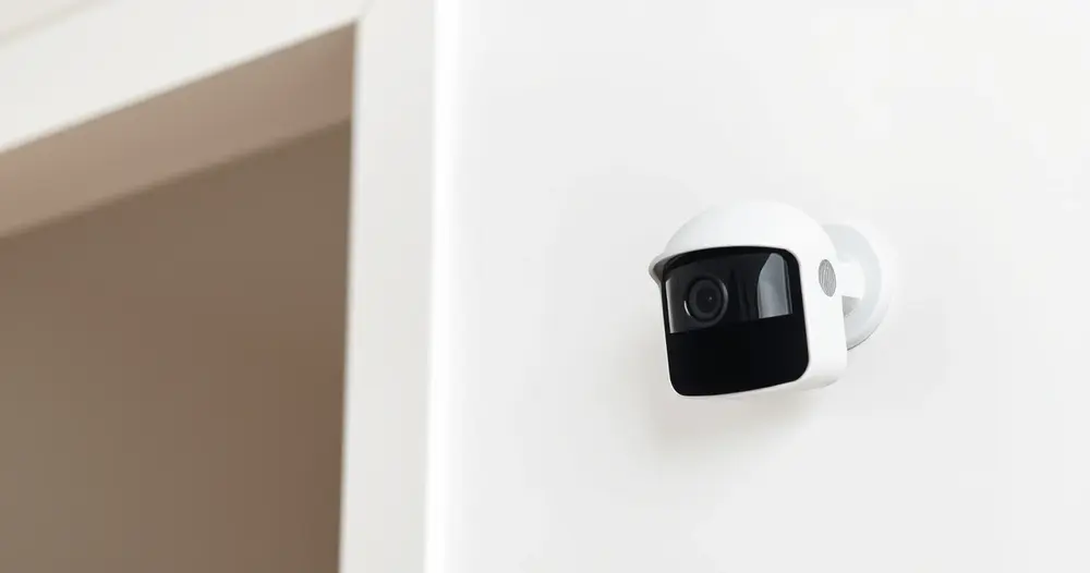Pequena câmera de segurança branca instalada no canto de uma parede interna de residência