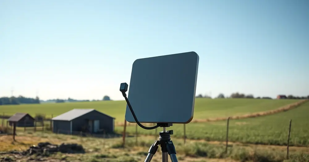 Antena retangular compacta de internet via satélite sobre tripé em quintal rural com céu aberto