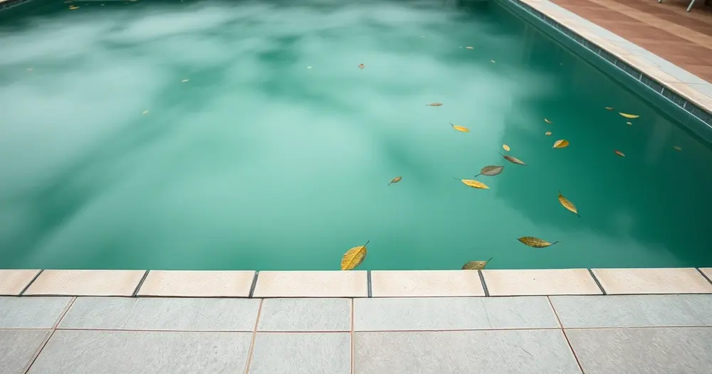 Piscina residencial com água esverdeada e turva vista da borda, com folhas boiando na superfície