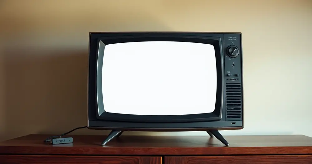Televisor antigo de formato quadrado sobre aparador de madeira ao lado de aparelho compacto e cabo HDMI