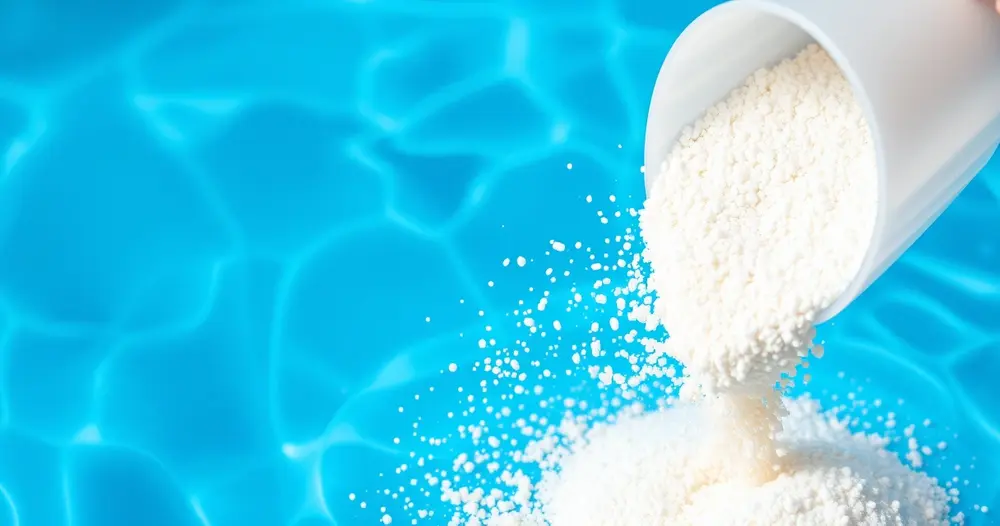 Pó branco granulado sendo despejado de concha plástica na água azul de uma piscina