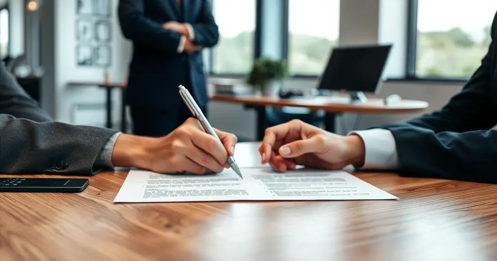 Duas pessoas assinando um contrato impresso sobre mesa de madeira