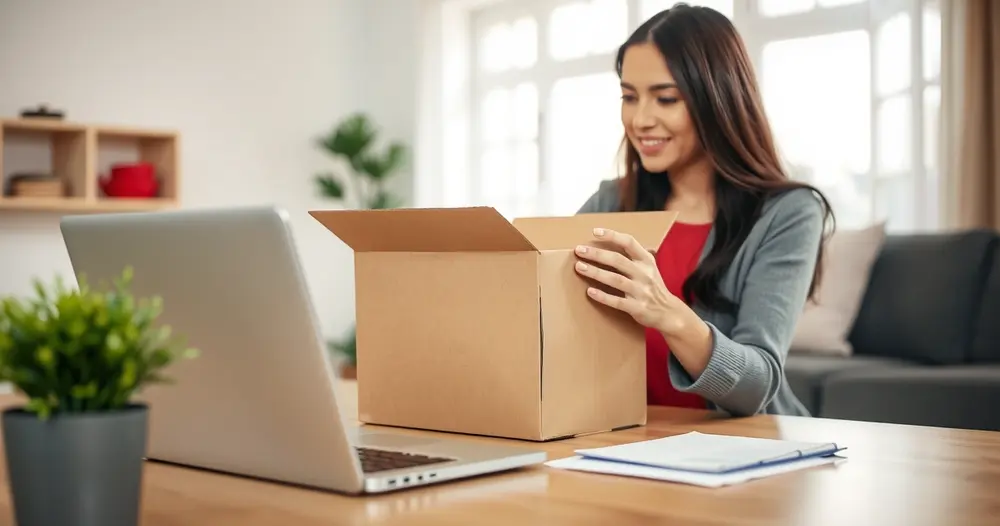 Pessoa abrindo caixa de entrega em casa com notebook aberto na mesa