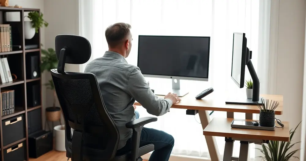 Pessoa sentada em cadeira ergonômica com monitor na altura dos olhos