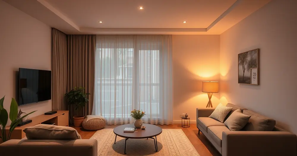 Sala de estar com iluminação de LED e medidor de energia na parede