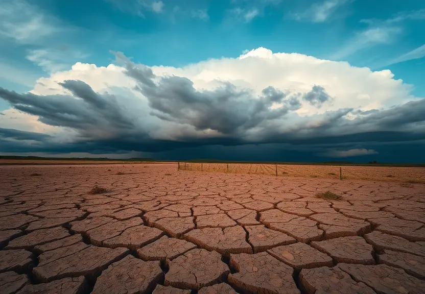 Solo rachado pela seca com nuvens de tempestade se formando ao fundo