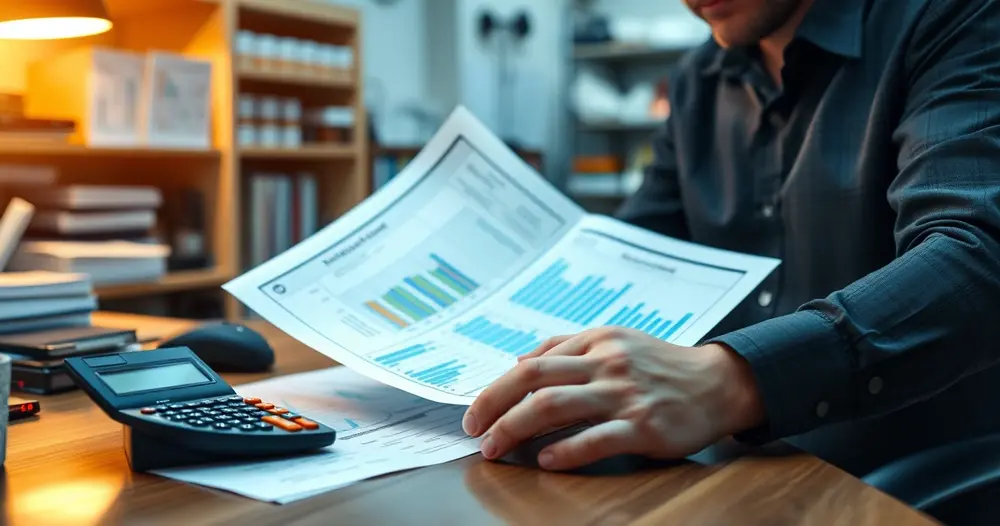 Dono de pequena empresa revisando planilhas financeiras com calculadora