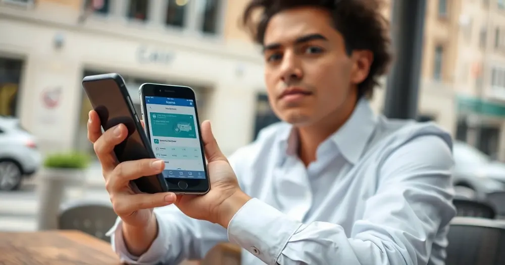 Pessoa segurando celular com aplicativo de banco aberto na tela