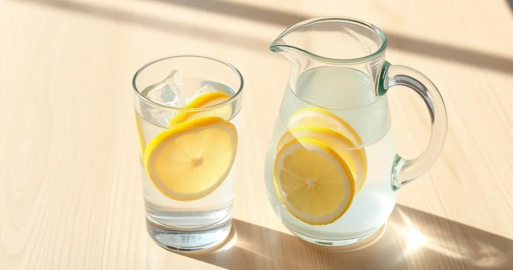 Jarra de vidro e copo com água fresca e rodelas de limão sobre mesa