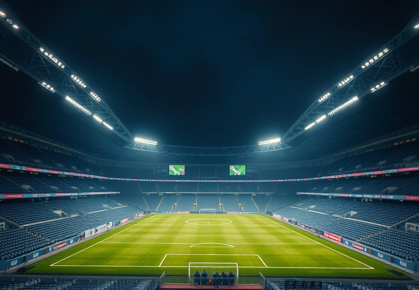 Estádio de futebol vazio à noite, com os refletores acesos