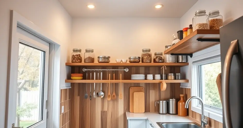 Cozinha pequena organizada com prateleiras de madeira e potes de vidro