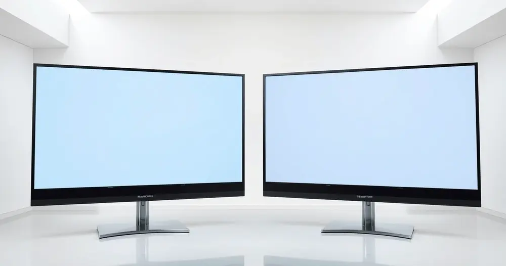 Duas televisões de tela plana idênticas e apagadas lado a lado em ambiente claro de exposição