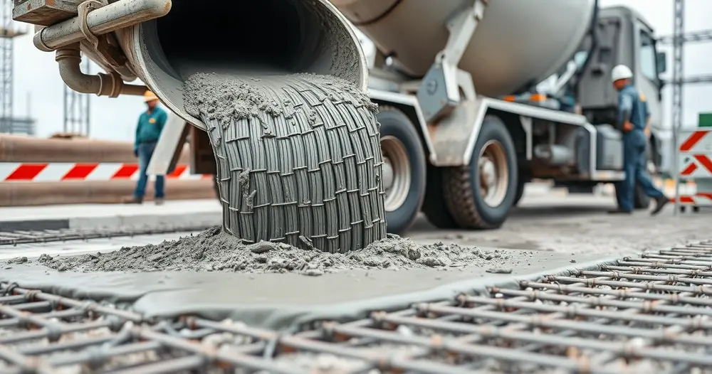 Calha de caminhão betoneira despejando concreto fresco sobre laje com malha de aço