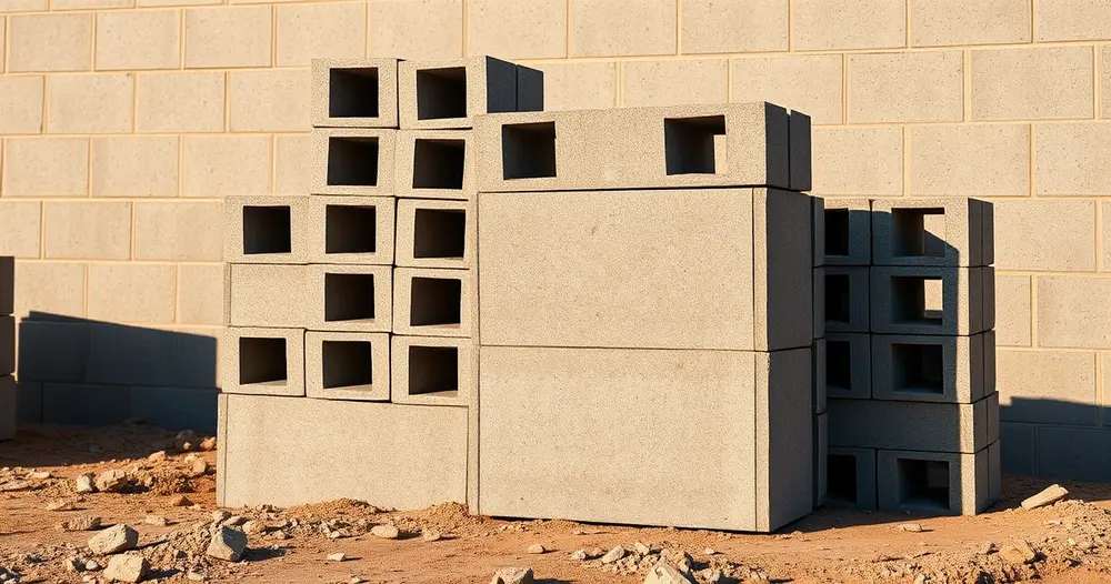 Pilha organizada de blocos de concreto vazados cinza em canteiro de obra sob sol da tarde