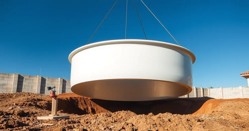 Casco de piscina de fibra sendo baixado por guindaste em quintal escavado com terra exposta
