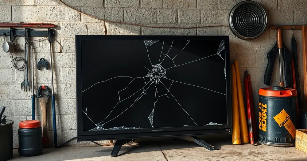 televisão com tela trincada encostada na parede da garagem