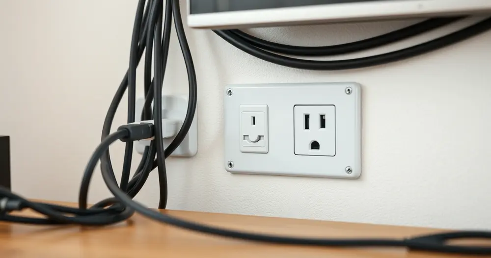 Detalhe de plugue de energia e tomada elétrica na parede atrás de um móvel, com cabos organizados